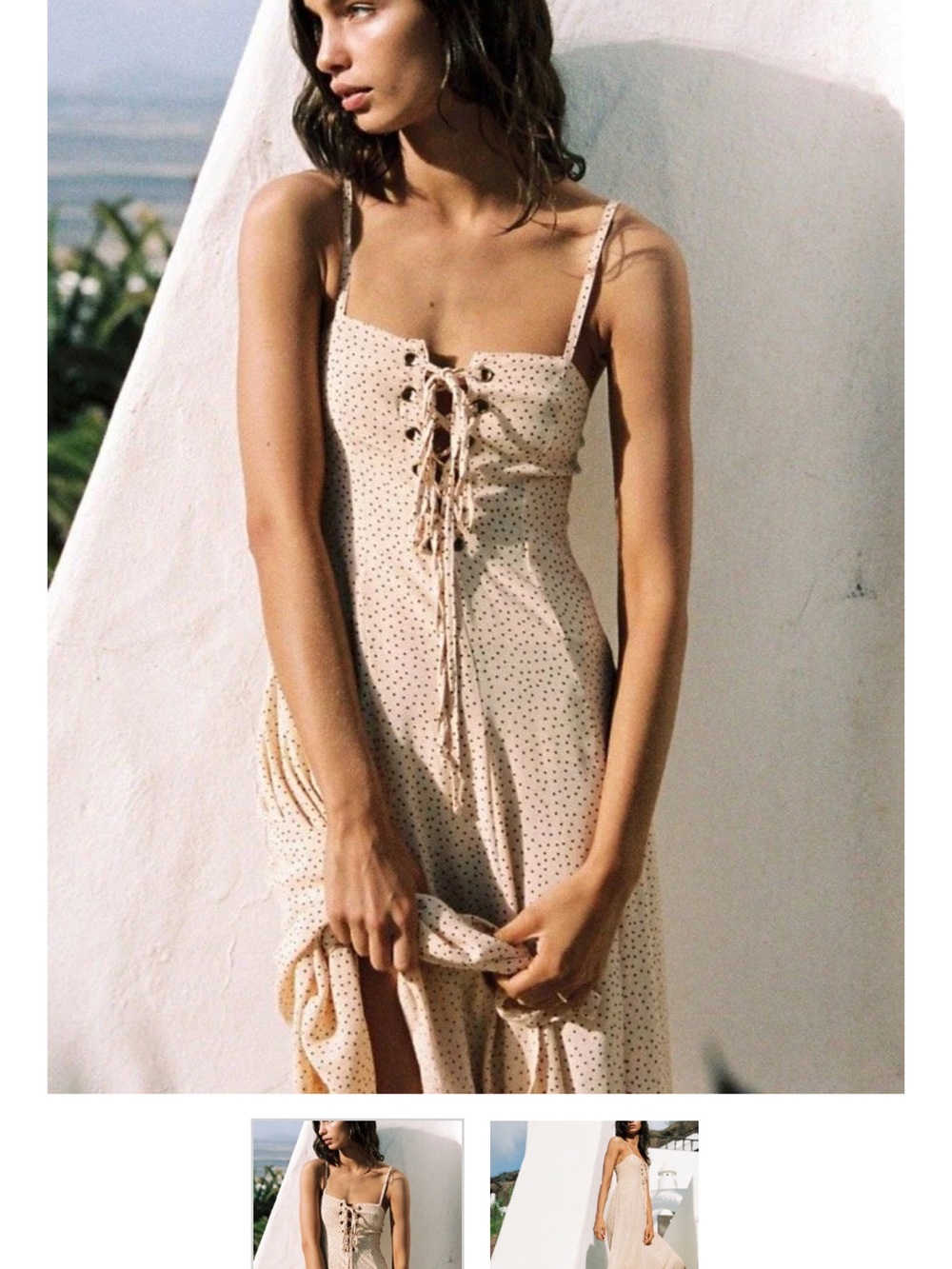 Faithfull the Brand Beige Polka Dot Lace-Up Midi Dress